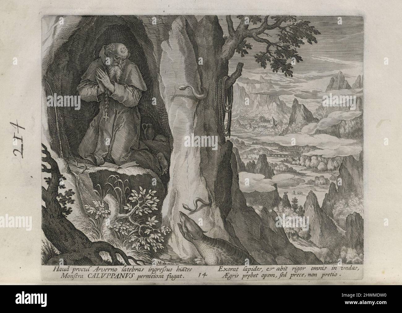 Caluppanus, pl. 14 von 30 aus der Serie Sylvae Sacrae (Einsiedler in Landschaften). Verlag: Johann Sadeler I, Flämisch, 1550–1600After: Maarten de Vos, Flämisch, 1532–1603Publisher: Rafael Sadeler I, Flämisch, 1560–1628 Stockfoto