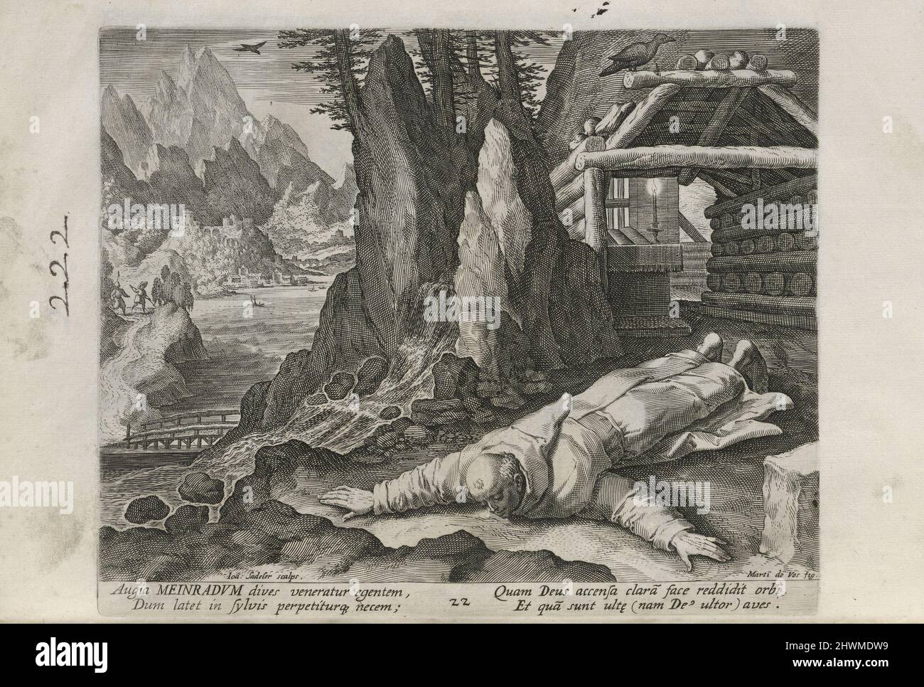 Meinradus, pl. 22 von 30 aus der Serie Sylvae Sacrae (Einsiedler in Landschaften). Verlag: Johann Sadeler I, Flämisch, 1550–1600After: Maarten de Vos, Flämisch, 1532–1603Publisher: Rafael Sadeler I, Flämisch, 1560–1628 Stockfoto