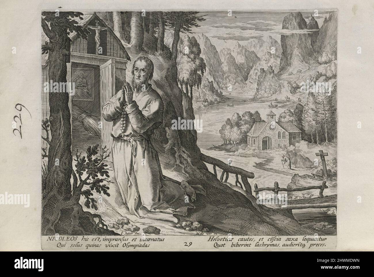 Nicoleos, pl. 29 von 30 aus der Serie Sylvae Sacrae (Einsiedler in Landschaften). Verlag: Johann Sadeler I, Flämisch, 1550–1600After: Maarten de Vos, Flämisch, 1532–1603Publisher: Rafael Sadeler I, Flämisch, 1560–1628 Stockfoto