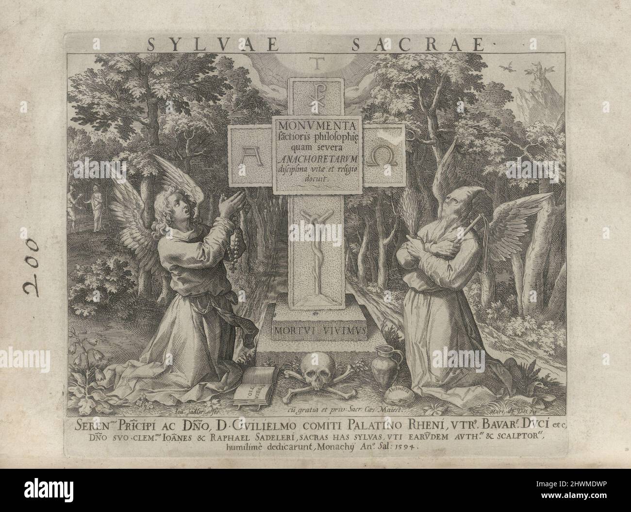 Titelblatt zur Serie Sylvae Sacrae (Einsiedler in Landschaften). Verlag: Johann Sadeler I, Flämisch, 1550–1600After: Maarten de Vos, Flämisch, 1532–1603Publisher: Rafael Sadeler I, Flämisch, 1560–1628 Stockfoto
