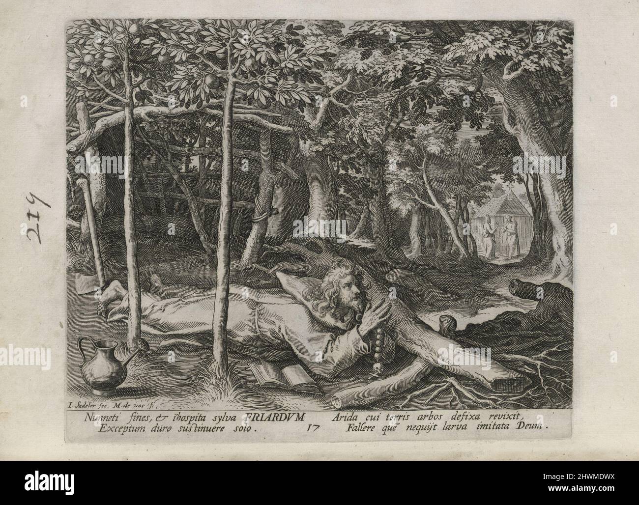 Friardus, pl. 17 von 30 aus der Serie Sylvae Sacrae (Einsiedler in Landschaften). Verlag: Johann Sadeler I, Flämisch, 1550–1600After: Maarten de Vos, Flämisch, 1532–1603Publisher: Rafael Sadeler I, Flämisch, 1560–1628 Stockfoto
