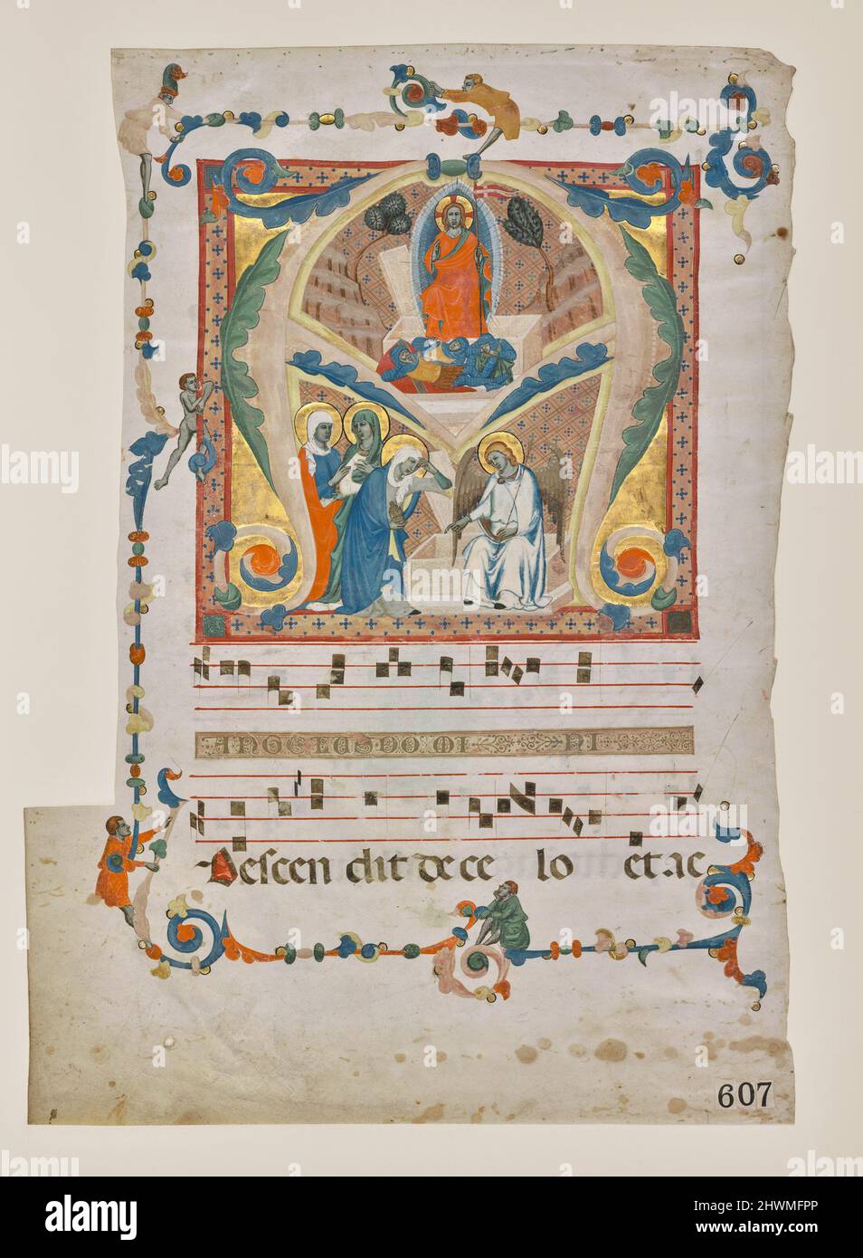 Blatt aus einem Antiphonar: Initiale „A“ mit der Auferstehung und drei Marys am Grab. Künstler: Meister von San Giovanni Fuorcivitas, Italienisch/Florentine Stockfoto