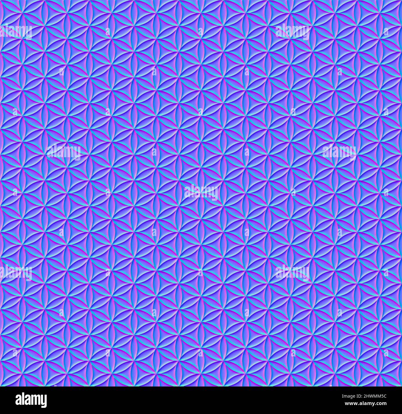Kosmisch gefärbtes „Blume des Lebens“-Muster. 3D Effekt und strukturierter Hintergrund, erstellt mit normaler Mapping-Technik. Sechseckig angeordnete Kreise. Stockfoto