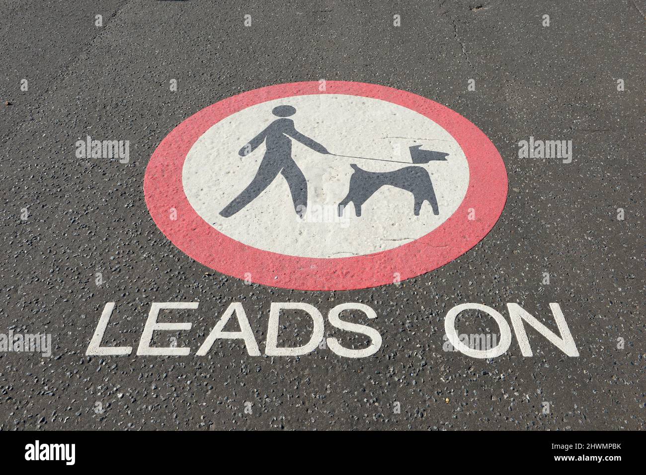 Straßenschild, das Hundespaziergänger anweist, ihre Hunde an der Strandpromenade in Hove, Sussex, Großbritannien, anzuführen Stockfoto