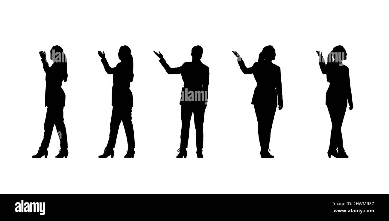 Silhouette einer Geschäftsfrau aus mehreren Blickwinkeln, die etwas mit der Hand zeigt. Isolierte Vektorsilhouetten Stockfoto