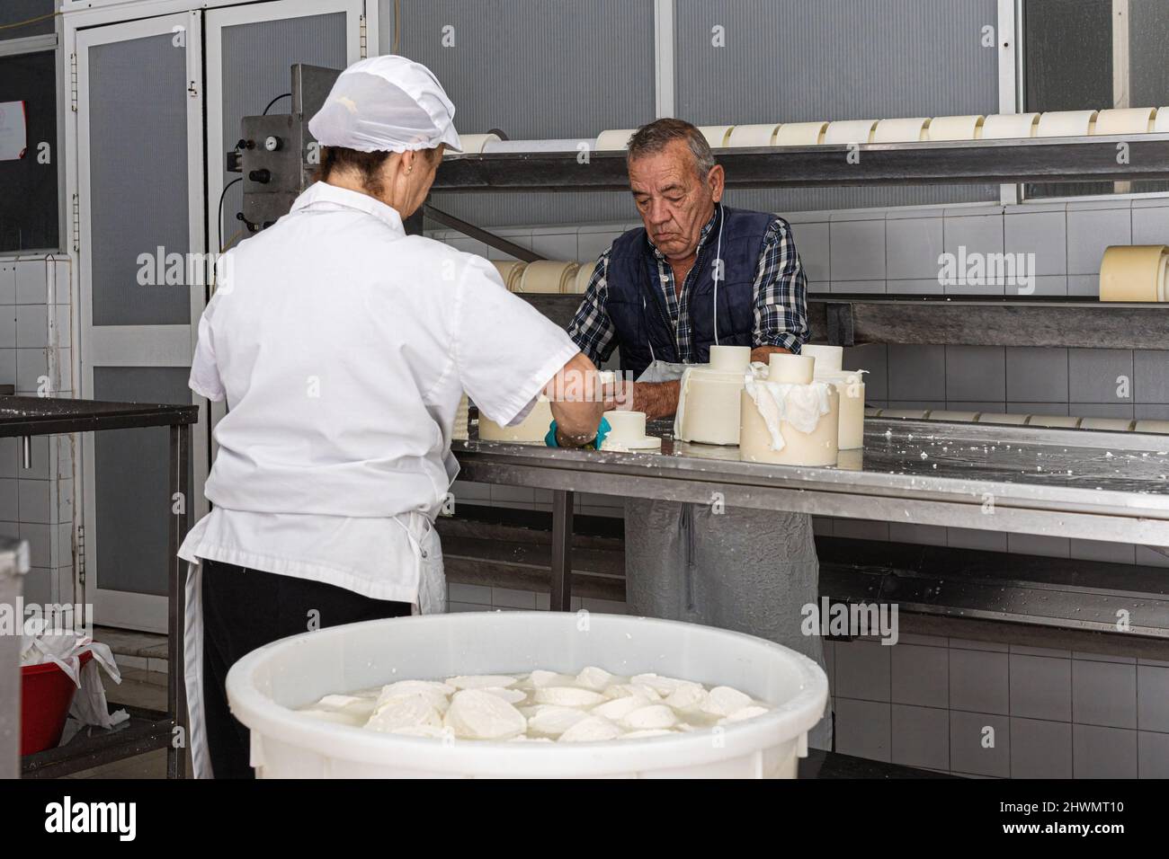 2 ältere Arbeiter, die in einer familieneigenen Frischkäsefabrik arbeiten Stockfoto