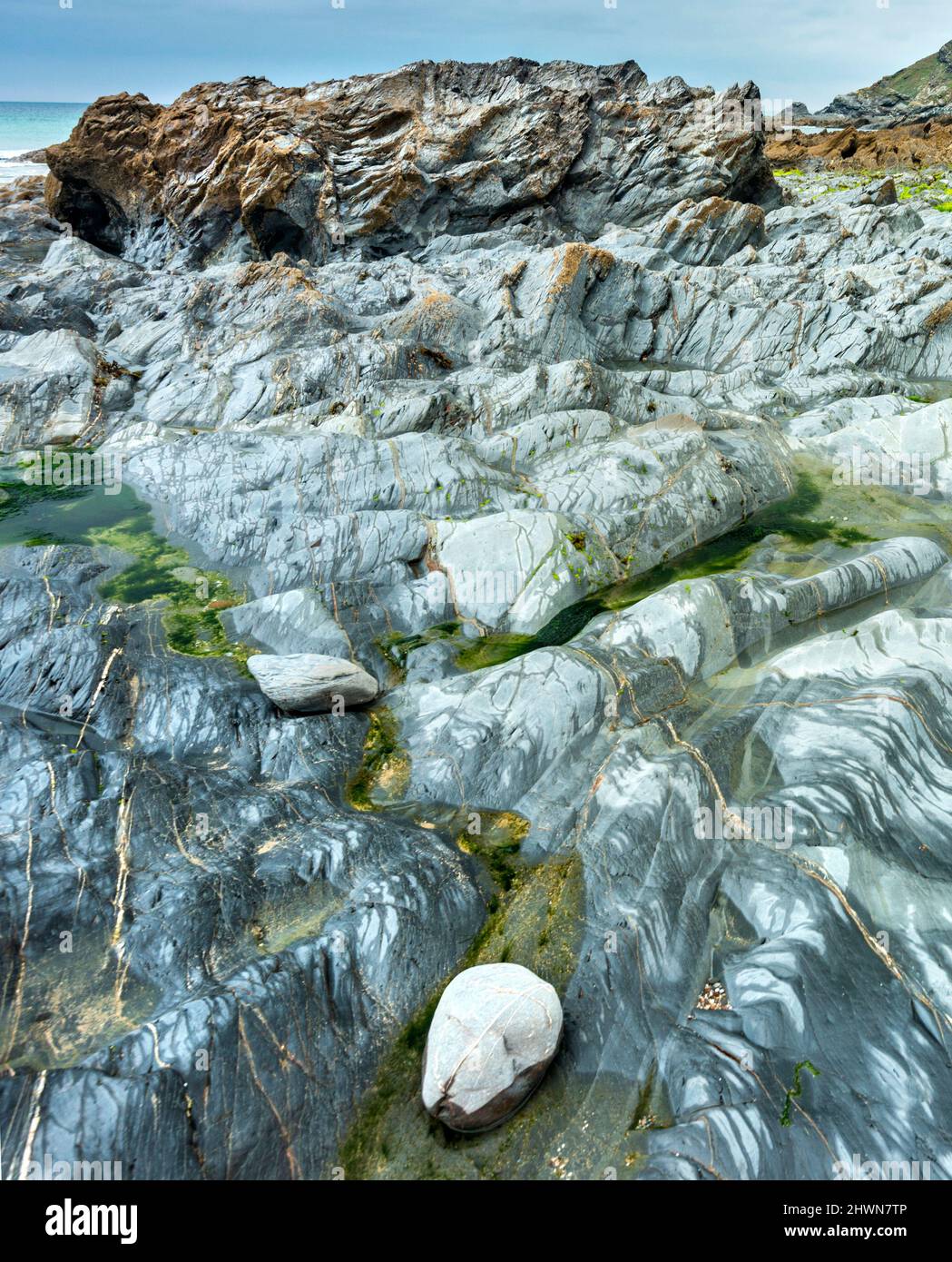 Dramatic National Trust, unberührte Strandbucht, interessante Felsformationen, am Fuße der Halbinsel Lizard, benannt nach den Silberdollar, die haben Stockfoto