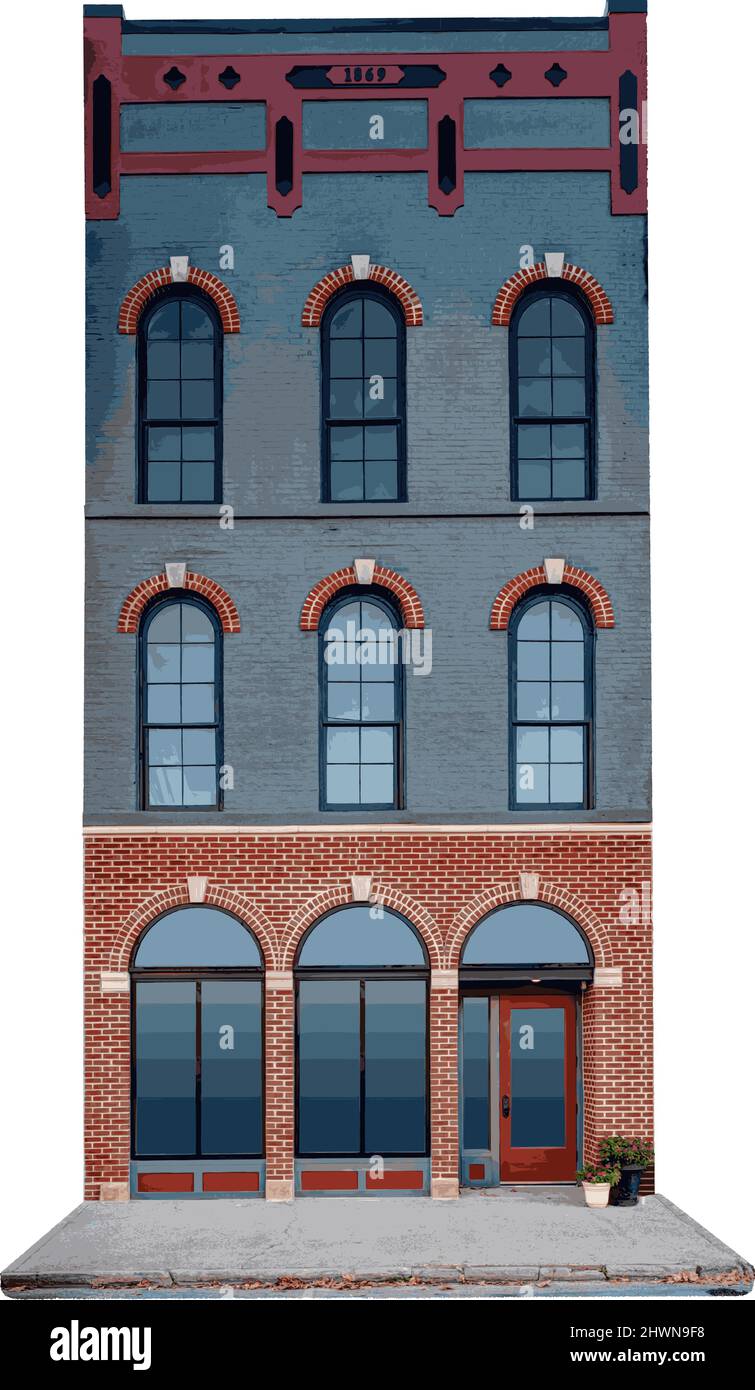 Vektorgrafik, die eine architektonische Erhebung einer Gebäudefassade der Jahrhundertwende darstellt. Stock Vektor
