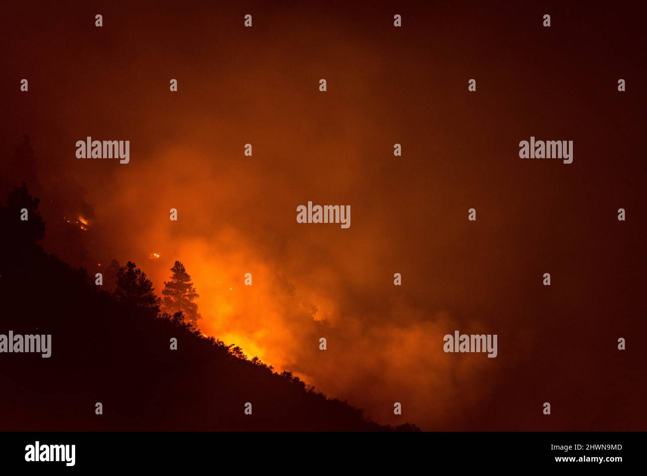 Ein Waldfeuer in Oregon brennt auf einer Bergseite Stockfoto