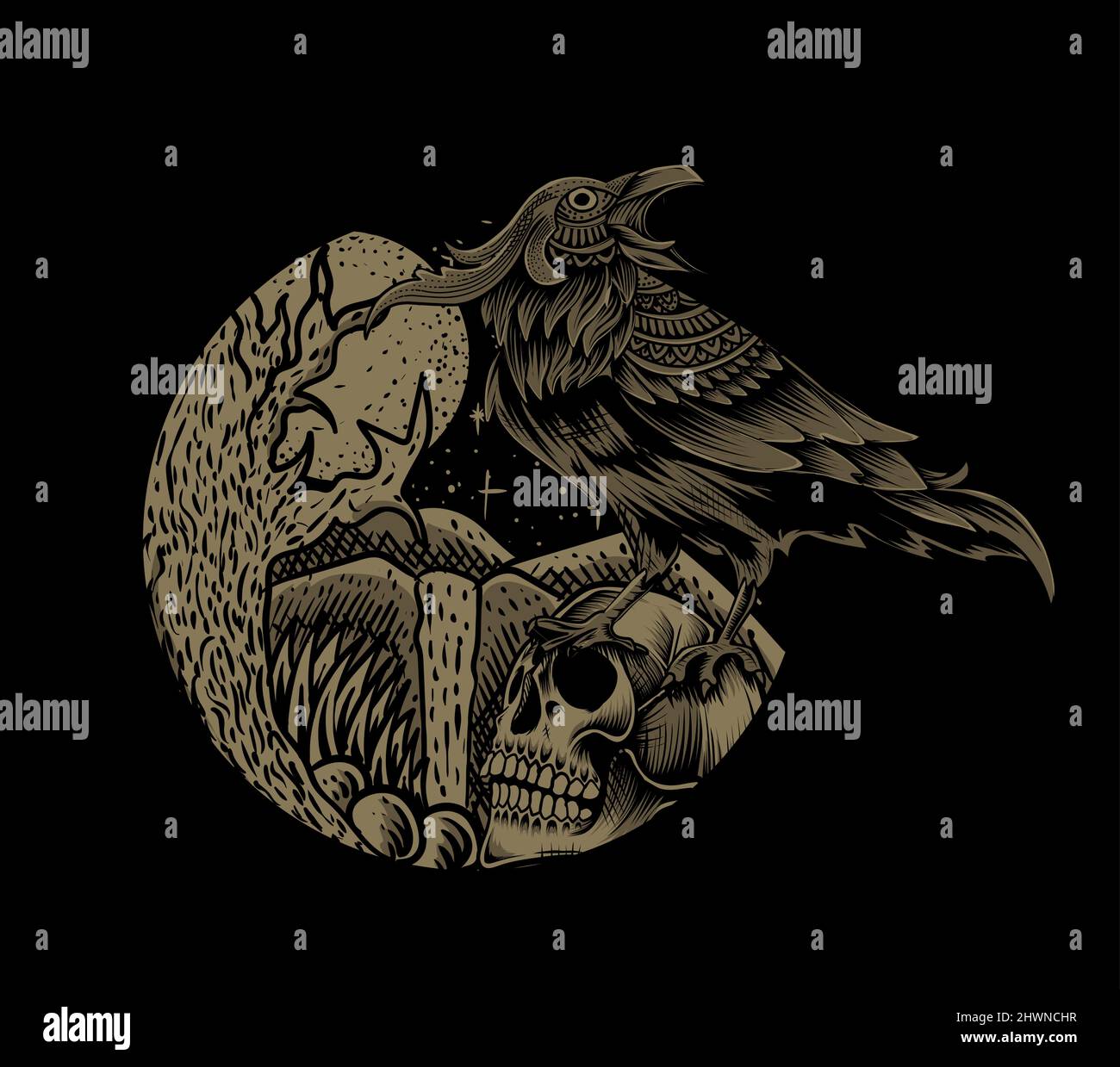 Illustration Vektor dunkle Krähe Vogel mit Schädel Stock Vektor