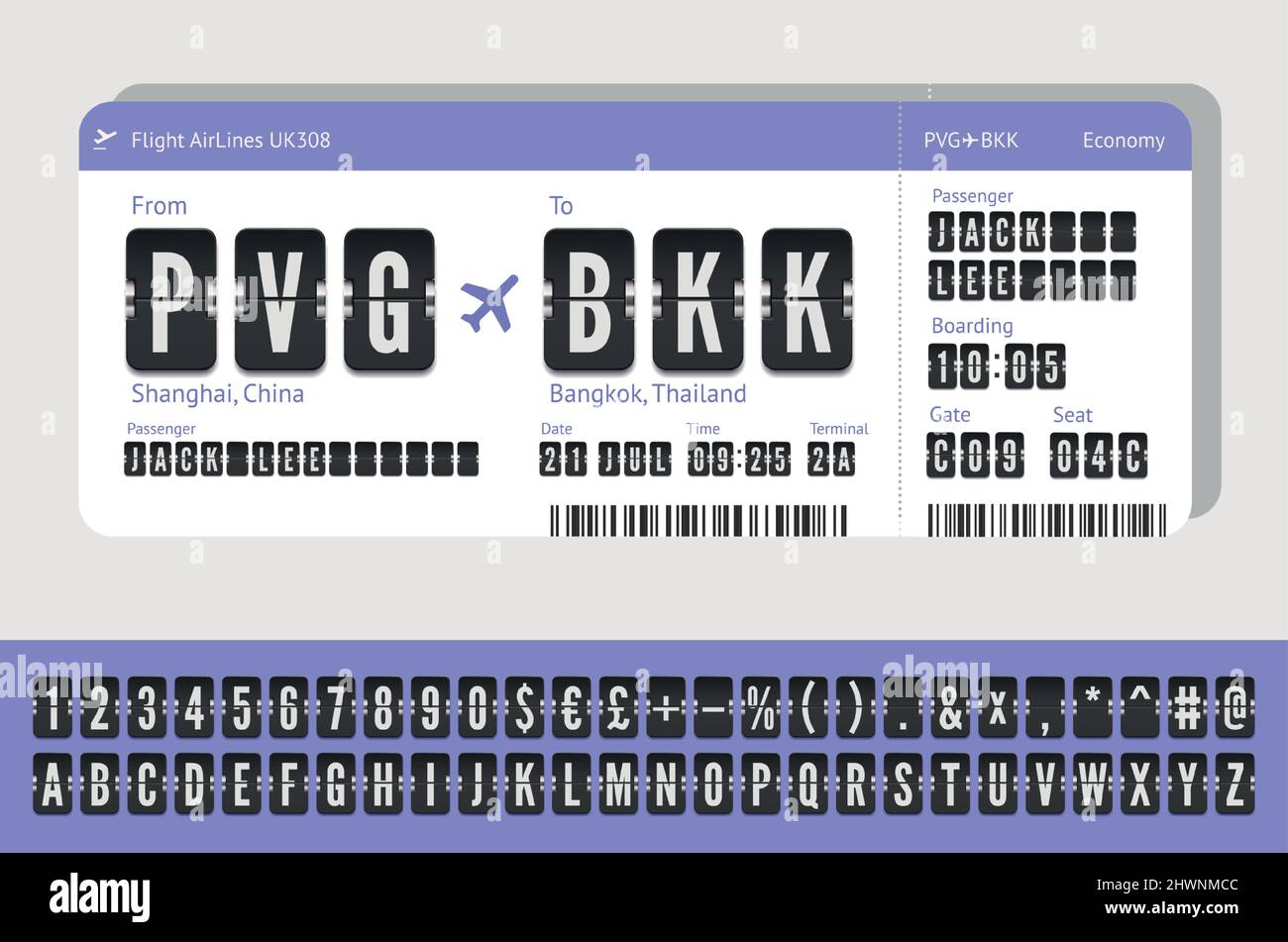 Flugschein mit Anzeigetafel Buchstaben isoliert auf weiß. Vector Bordkarte mit Typografie des Flughafenterminals. Flugkartenvorlage mit schwarzer Flip-Schrift Stock Vektor
