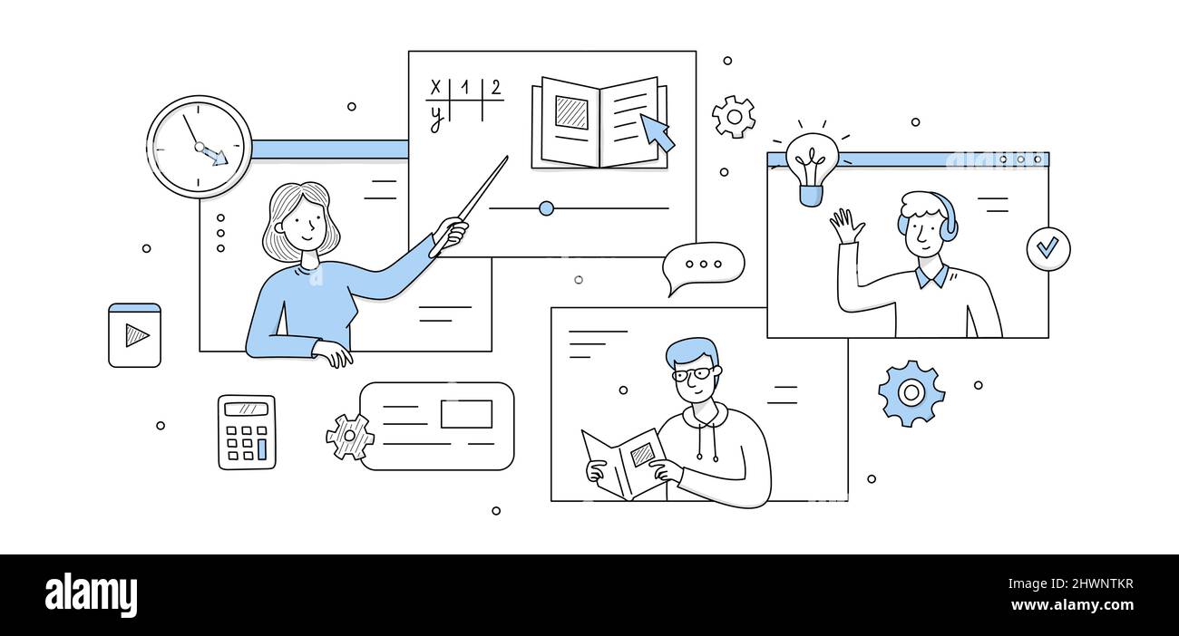 Online-Bildung, E-Learning-Konzept. Vektor-Skizze Illustration der digitalen Fernausbildung mit Schule oder Universität Studenten mit Lehrer auf Computer-Bildschirm studieren Stock Vektor