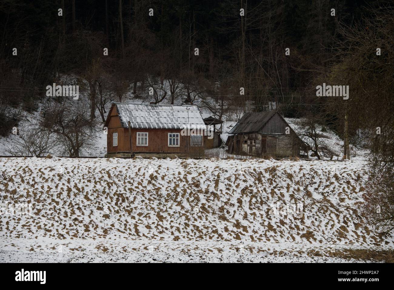 Landschaft zwischen Khyriv und der Grenze. Ustrzyki Dolne koordiniert die Hilfe für Flüchtlinge, die die Grenze überqueren. Es hilft Ukrainern, die in Polen bleiben, und Menschen in Not in der Ukraine durch Konvoi. Ustrzyki Dolne, Polen am 6. März 2022. Foto von Nathan Laine/ABACAPRESS.COM Stockfoto