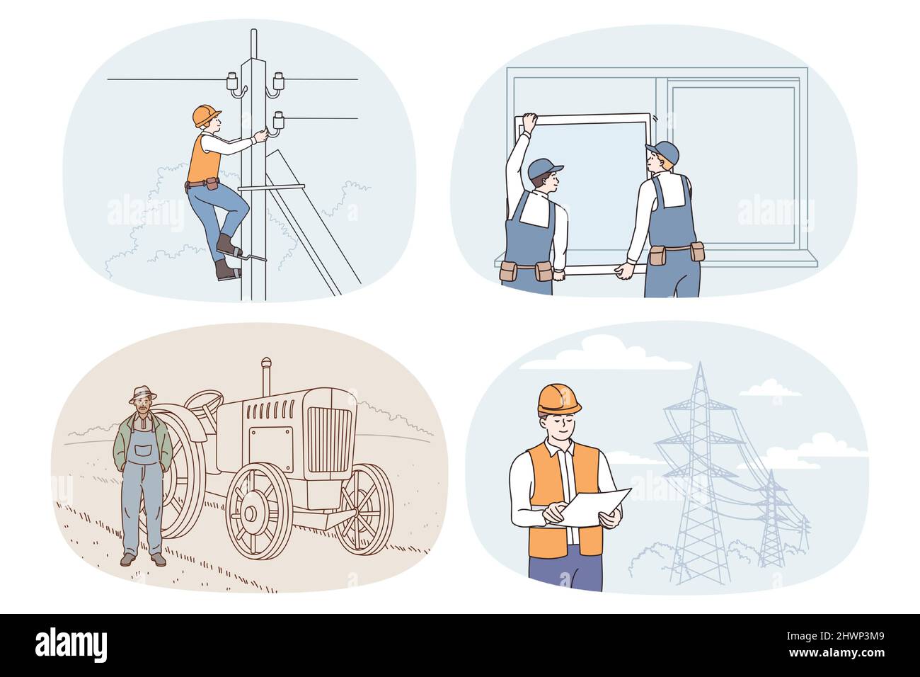 Sammlung von Menschen Berufe und Berufe. Gruppe von Männern mit unterschiedlichen Jobs und Karrieren. Elektriker, Montierer und Landwirt. Beschäftigung und Rekrutierung. Vektorgrafik. Stock Vektor