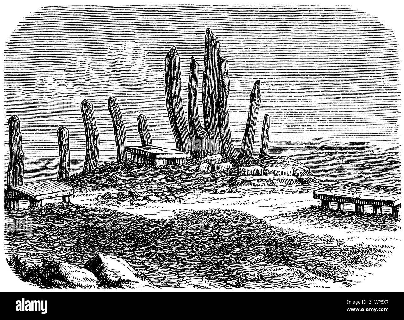 Menhire und Steintafeln von Khasia (Bengalen), , (Enzyklopädie, 1893), Menhirs und Steintische der Khasia (Bengalen), Menhirs et Tables de pierre de Khasia (Bengale) Stockfoto
