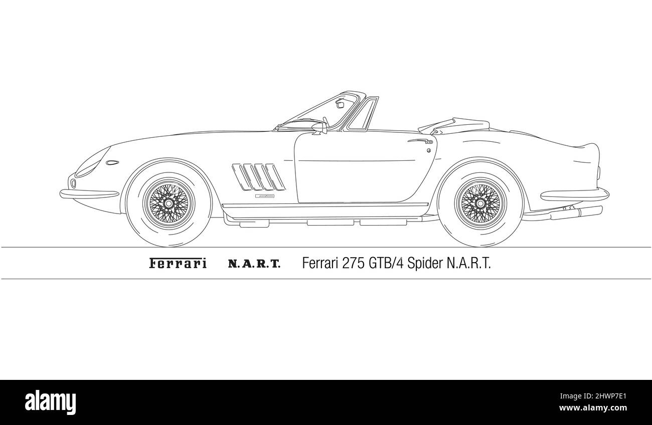 Maranello, Italien, Jahr 1966, Ferrari 275 GTB/4 Spider NART Silhouette, Vektordarstellung Umriss Stockfoto