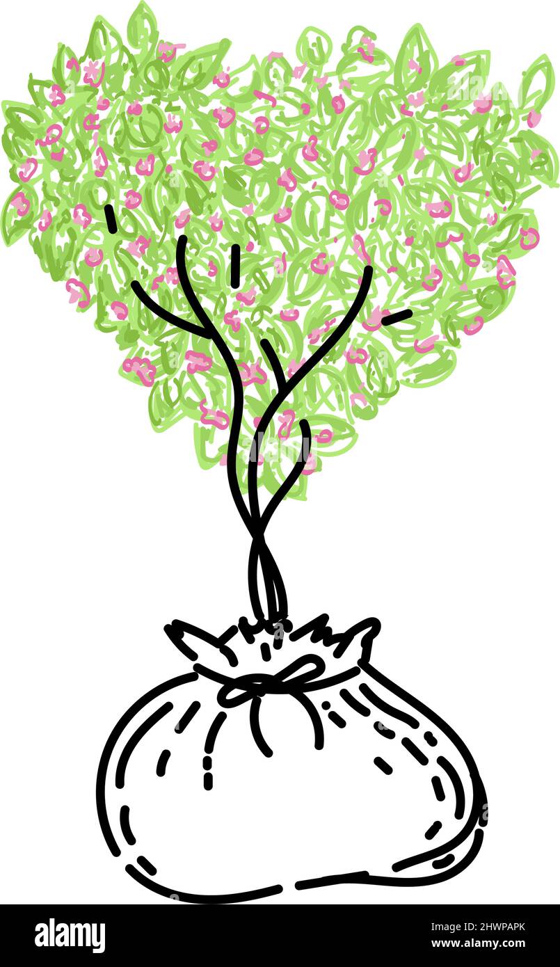 Junger blühender Baum, handgezeichnetes Doodle-Element. Pflanzen. Baum mit einer Krone in Herzform. Junge Bäume Pflanzen. Arbeiten im Garten. Einfach Stock Vektor