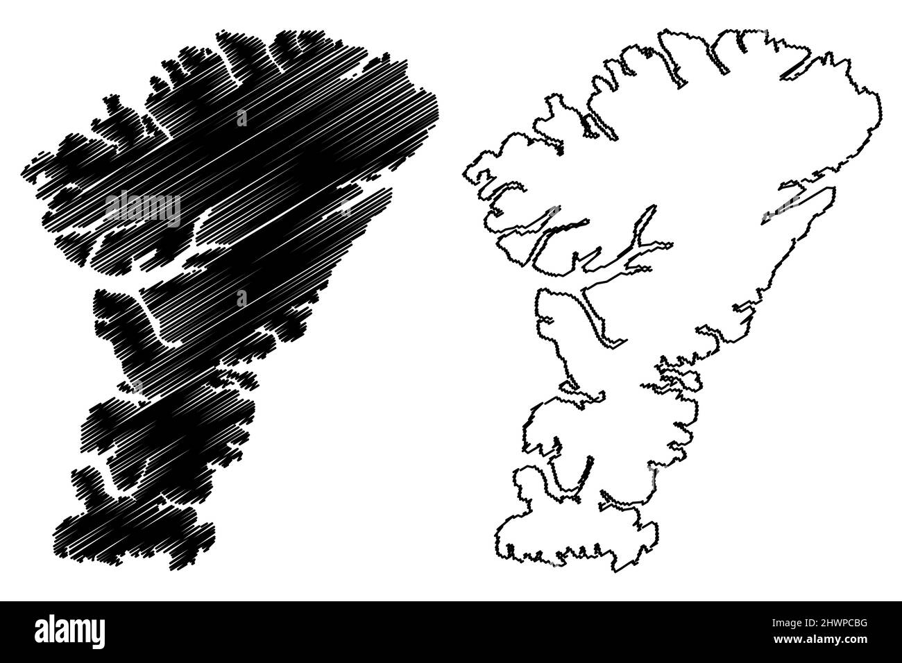 Ellesmere Island (Kanada, Nunavut Province, Nordamerika, Queen Elizabeth Islands) Kartenvektordarstellung, Scribble-Skizze Umingmak Nuna-Karte Stock Vektor