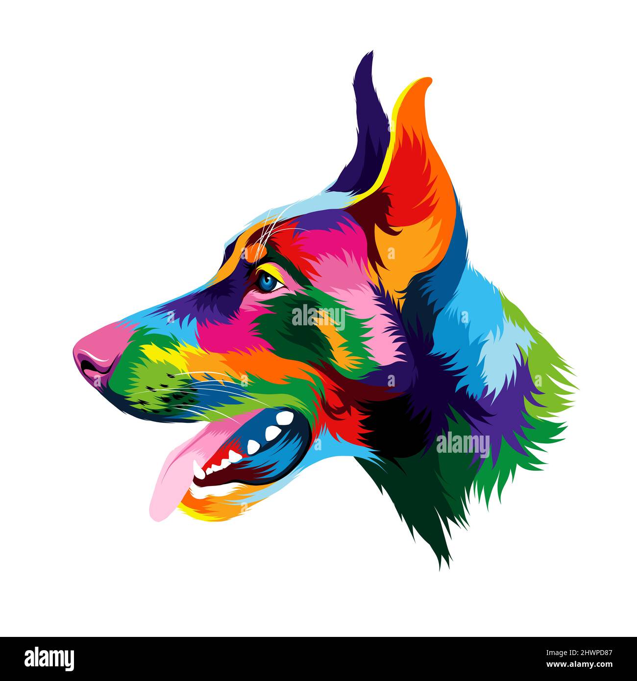 Abstraktes Doberman-Kopfporträt aus bunten Farben. Farbige Zeichnung. Vektordarstellung von Farben Stock Vektor