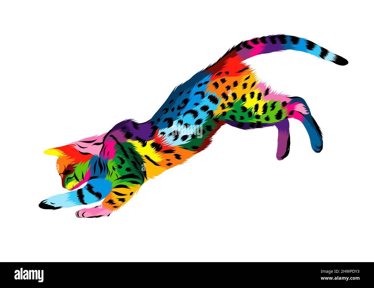 Abstrakte bengalkatze, die aus bunten Farben spielt. Farbige Zeichnung. Vektordarstellung von Farben Stock Vektor