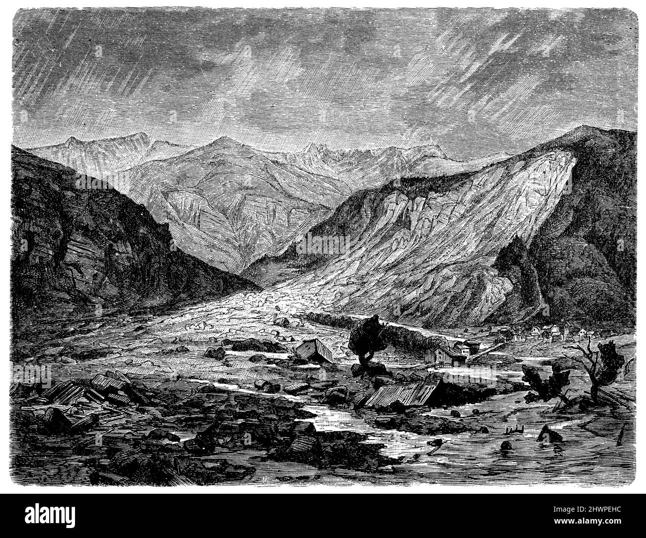 Erdrutsch bei Elm (Glarus) am 11. September 1881, , (Atlas, 1909), Bergsturz bei Elm (Glarus) vom 11. September 1881, Eboulement près d'Elm (Glaris) du 11 septembre 1881 Stockfoto