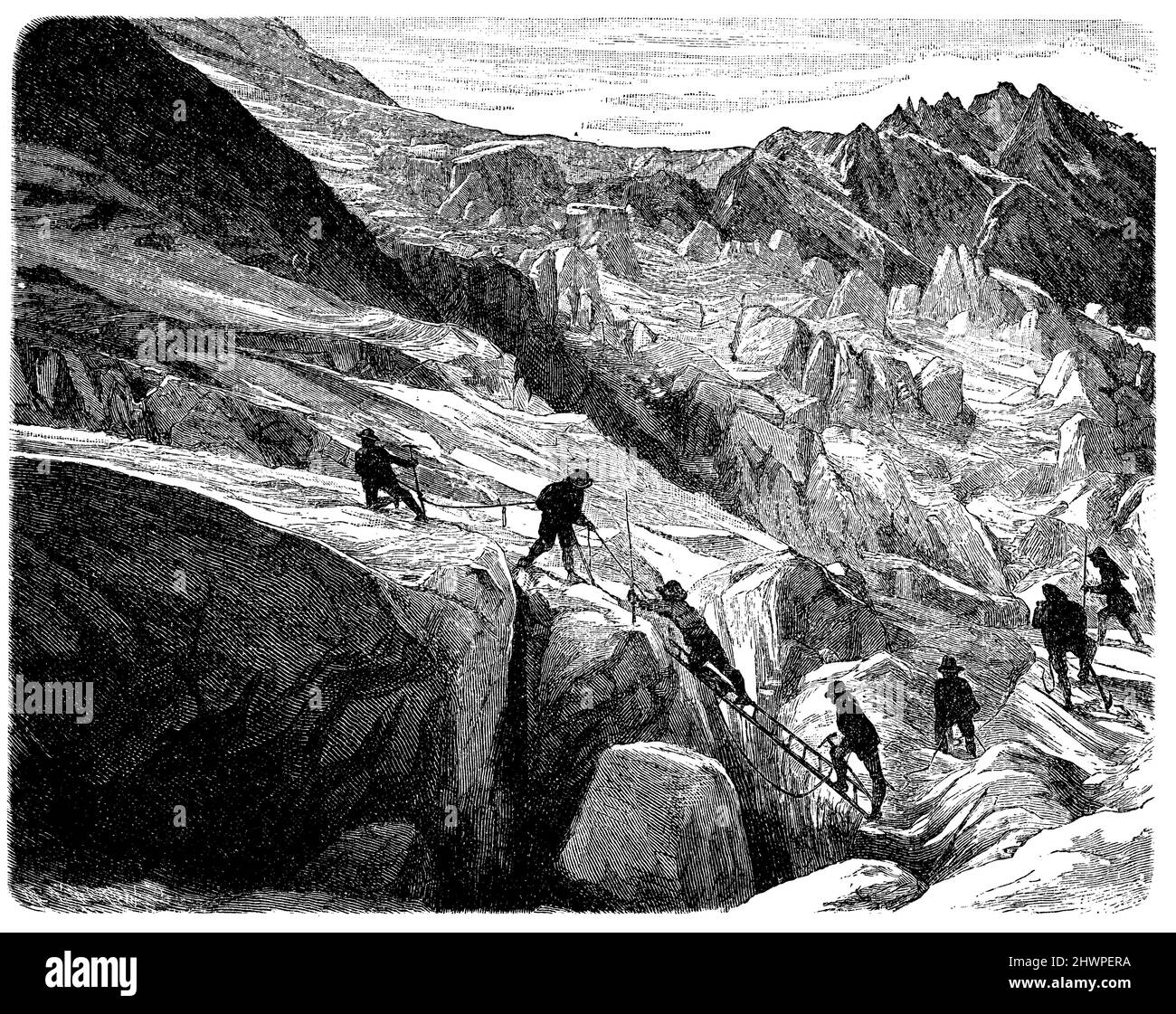 Gletscherabschnitt aus dem Berner Oberland. Crossing Spalten, , (Atlas, 1909), Gletscherpartie aus dem Berner Oberland. Überscheiten von Spalten, Partie de Glacier depuis l'Oberland bernois. Franchise de Spalten Stockfoto