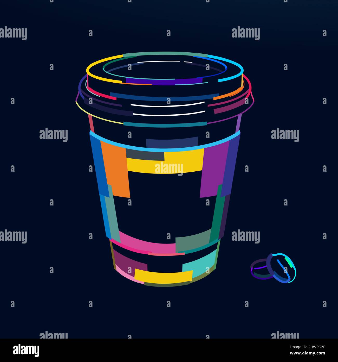 Abstrakte Kaffeetasse mit Kaffeebohnen. Wiederverwendbare Kaffeetasse aus mehrfarbigen Farben. Farbige Zeichnung. Vektordarstellung von Farben Stock Vektor