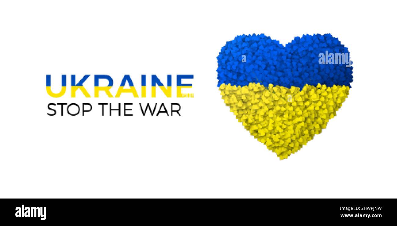 Kein Kriegsbanner. Beenden Sie Krieg und militärische Aggression. Blau und gelb Ukraine Flagge in Herz Silhouette. Konzept von Freiheit und Frieden. Vektorgrafik Stock Vektor