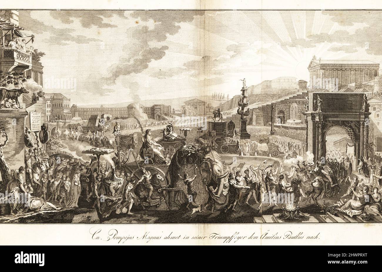 Gnaeus Pompeius Magnus auf einem riesigen Wagen, der von Elefanten in einer Triumphprozession gezogen wurde. Vor ihm marschieren Soldaten und Musiker und Hunderte von Geiseln in nationaler Tracht der eroberten Reiche. Der Triumph von Pompey in Rom, 61 v. Chr., in Nachahmung von General Aemilius Paullus Macedonicus. Triomphe de Pompee dans Rome, a l'Imitation de celui de Paul-Emile. Kupferstich von J. Blaschke nach einem Entwurf von Gabriel de St. Aubin von Professor Joseph Rudolf Zappes Gemalde aus der römischen Geschichte, Bilder der römischen Geschichte, Joseph Schalbacher, Wien, 1800. Deutsche Ausgabe von Abbe Claude Franc Stockfoto