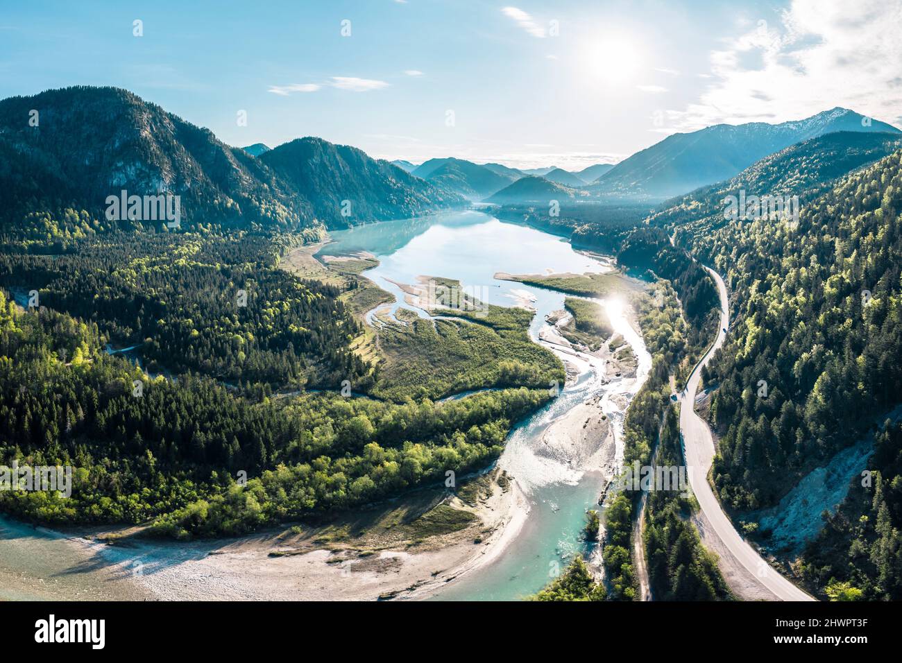 Schöne Sicht auf die Isar in Sylvensteinsee, Lenggries, Bayern, Deutschland Stockfoto