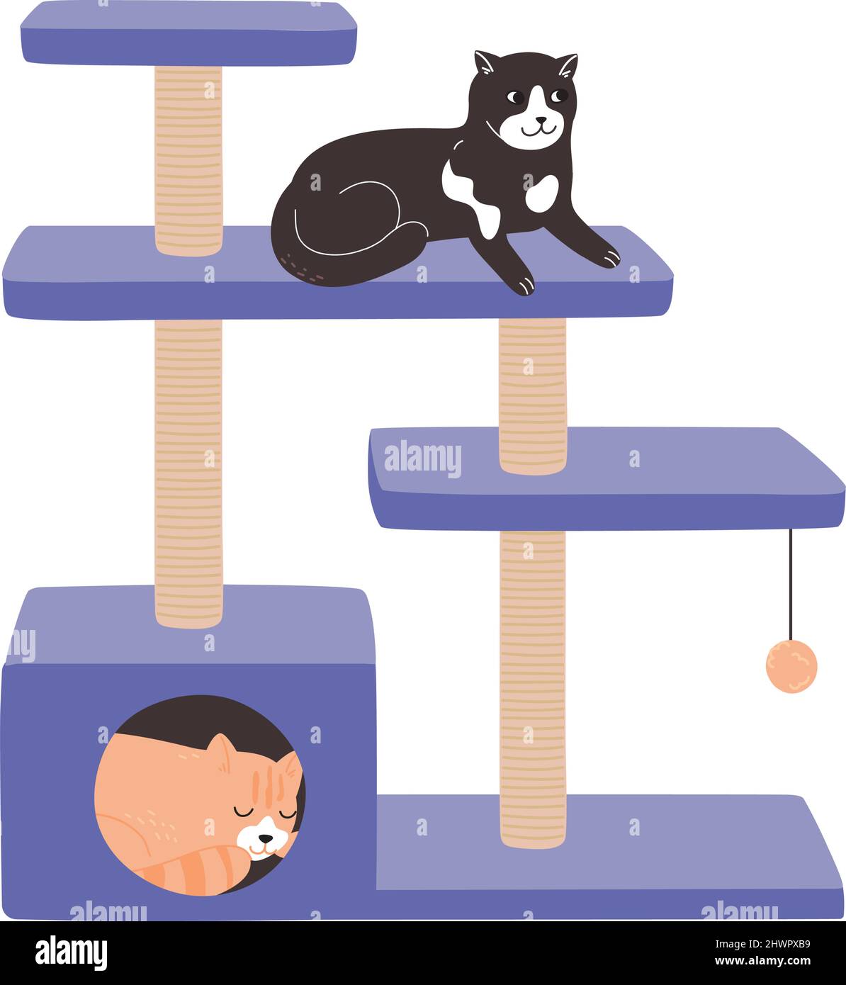 Katzen ruhen in einem luxuriösen Katzenturm. Ein Katzenbaum mit einem Kratzbaum, ein Spielzeug und ein Haus, in dem die Kätzchen schlafen. Das Tier ist in sehr perifarbener Farbe zu Hause. Flache Vektordarstellung von Haustiermöbeln isoliert. Stock Vektor