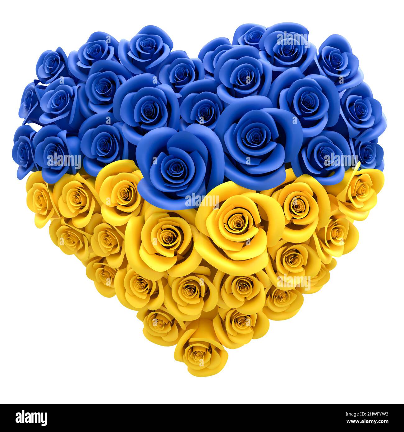 Ein Herz aus Rosen in den Farben der ukrainischen Flagge: Wir stehen mit dem Ukraine-Konzept Stockfoto