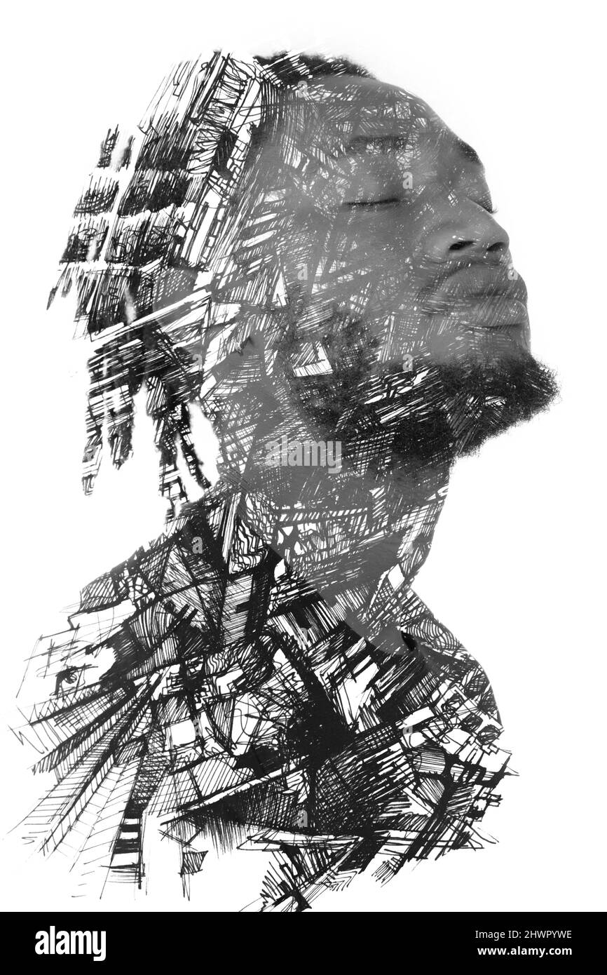 Ein Porträt eines Mannes kombiniert mit verschiedenen abstrakten Linien. Paintographie. Stockfoto