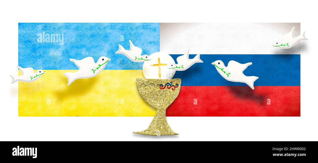 Gebet für den Frieden der Ukraine und Russlands, die Flaggen der beiden Länder mit religiösen Symbolen und weißen Friedenstauben. Kein Krieg. Stockfoto
