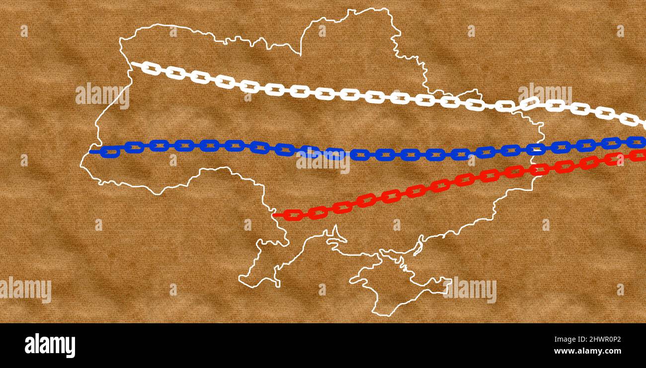 Russland Ukraine Krieg, Invasion der Ukraine, humanitäre Tragödie, nicht Krieg. Ketten mit den Farben der russischen Flagge auf der Karte der Ukraine. Beenden Sie Den Krieg. Pe Stockfoto