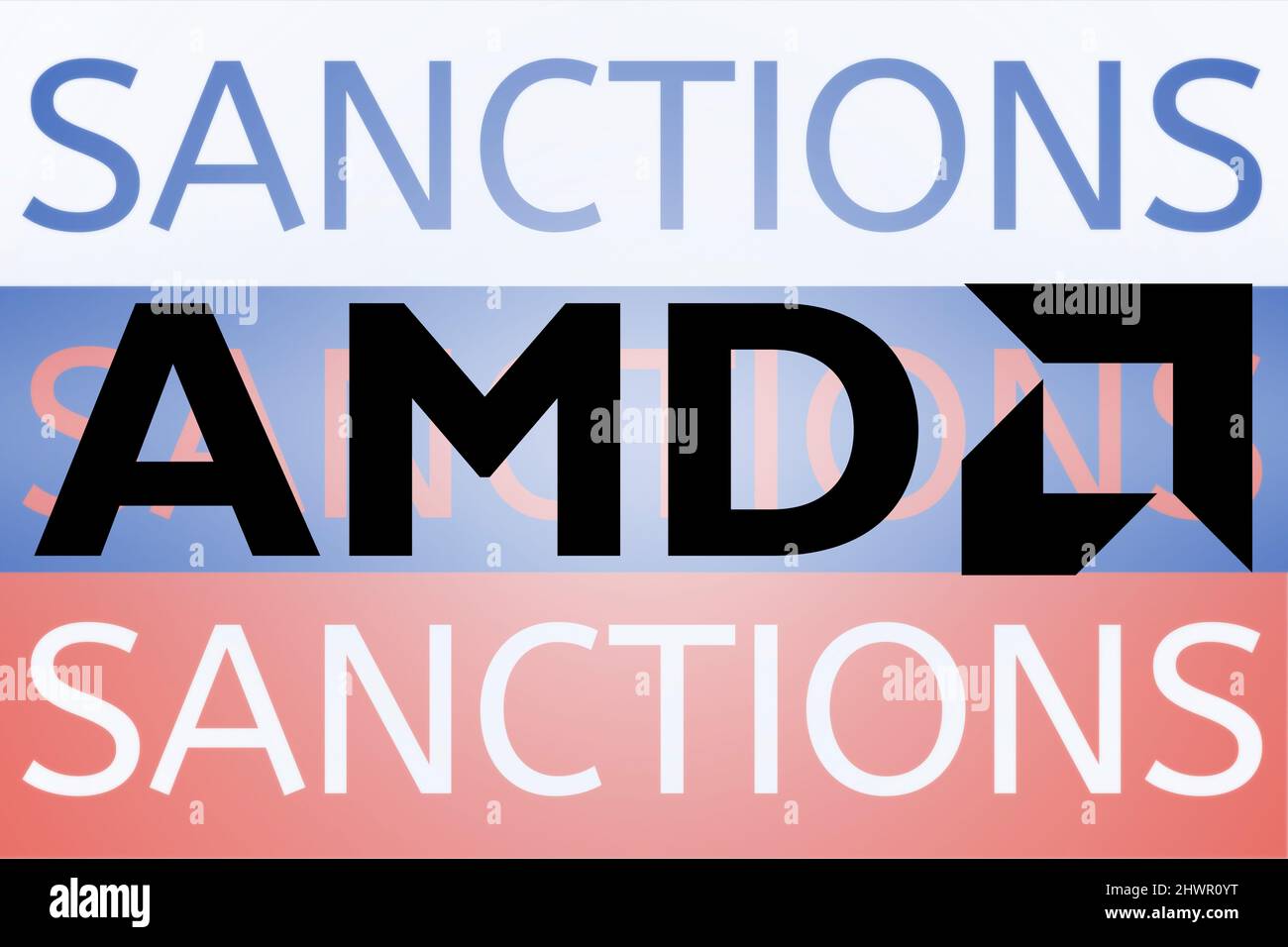 AMD-Logo vor der russischen Flagge. Sanktionen gegen Russland wegen seiner Invasion in der Ukraine. März 2022, San Francisco, USA Stockfoto