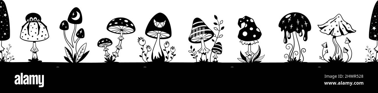 Nahtloses Pilzmuster. Magischer psychedelischer Pilz mit Halluzinationseffekt. Funky groovy Retro Wald grellen Pflanzen. Schwarzer mystischer Vektor Stock Vektor