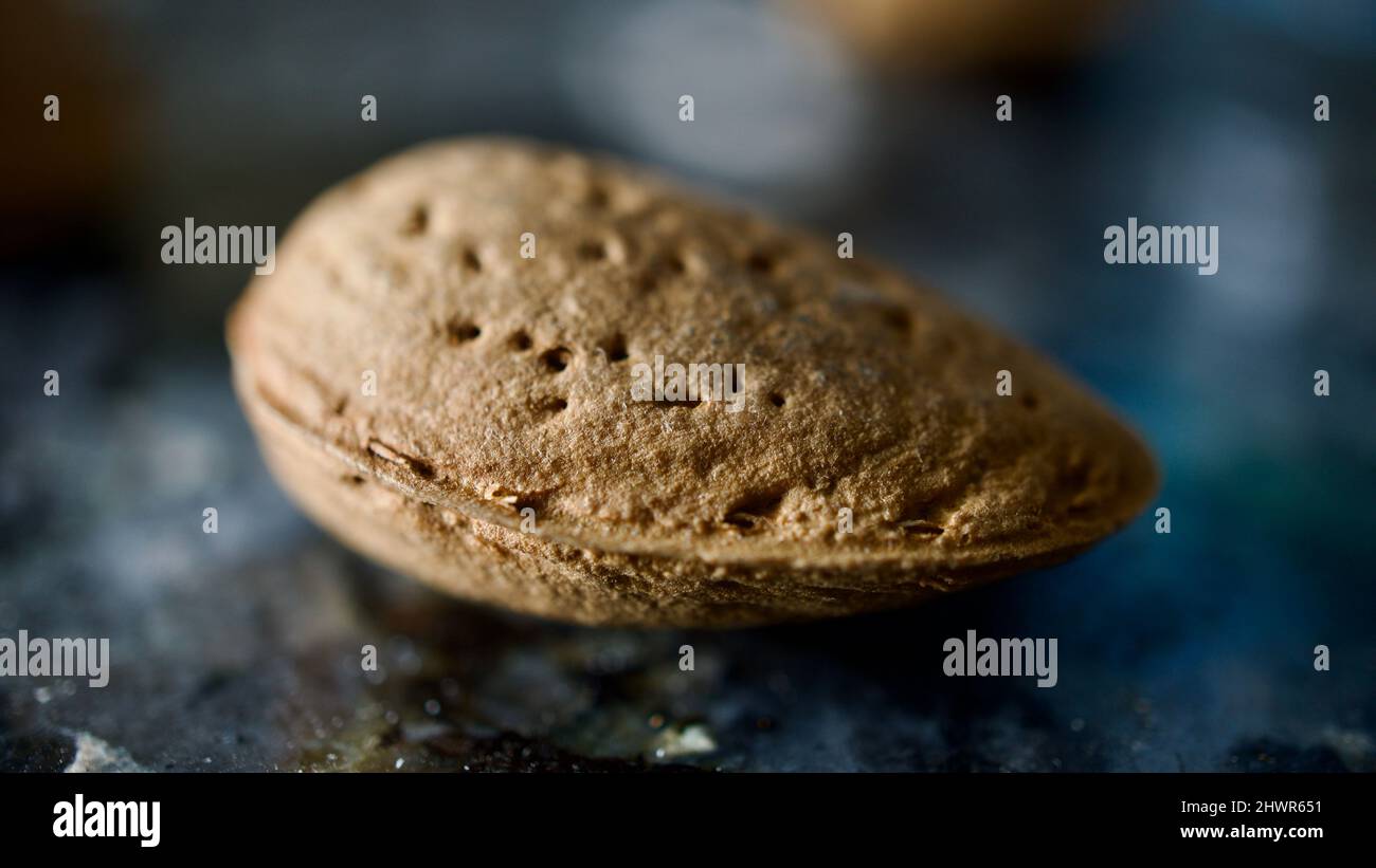 Aprikosenkerne, geschälte Mandeln. Geschälte Mandeln in Nahaufnahme mit Makroaufnahme. Der Fokus liegt im Vordergrund. Bokeh-Effekt auf der Rückseite. Stockfoto