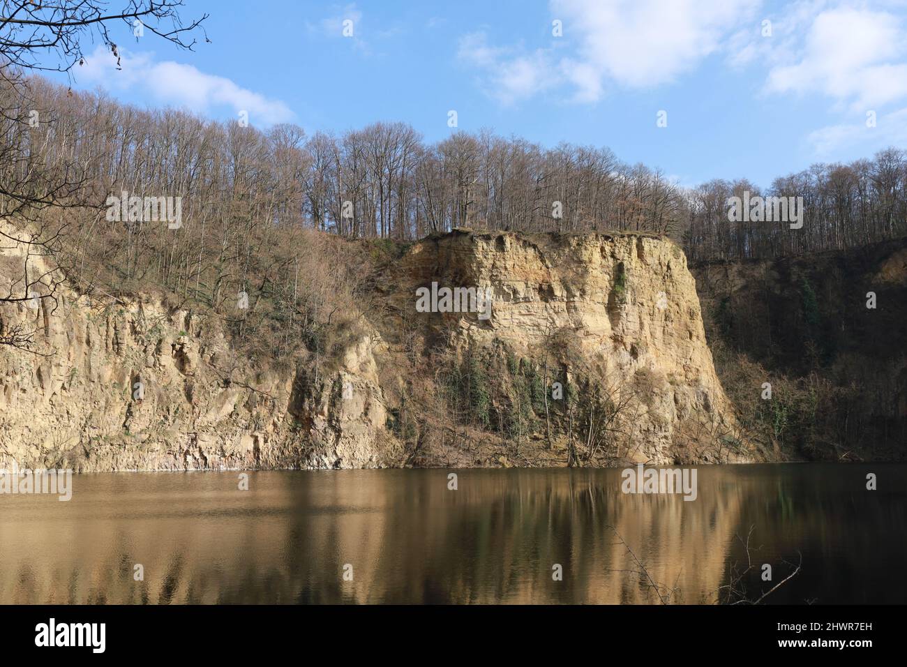Bonn Deutschland März 2022 Dornheckensee, Seenlandschaft im ehemaligen Steinbruch für den Basaltbergbau mit schönem Frühlingswetter und blauem Himmel Stockfoto