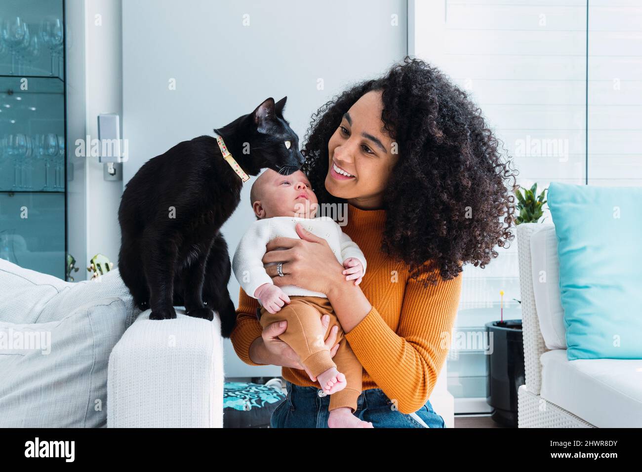 Lächelnde Mutter mit einem kleinen Jungen, der die Katze im Wohnzimmer ansieht Stockfoto