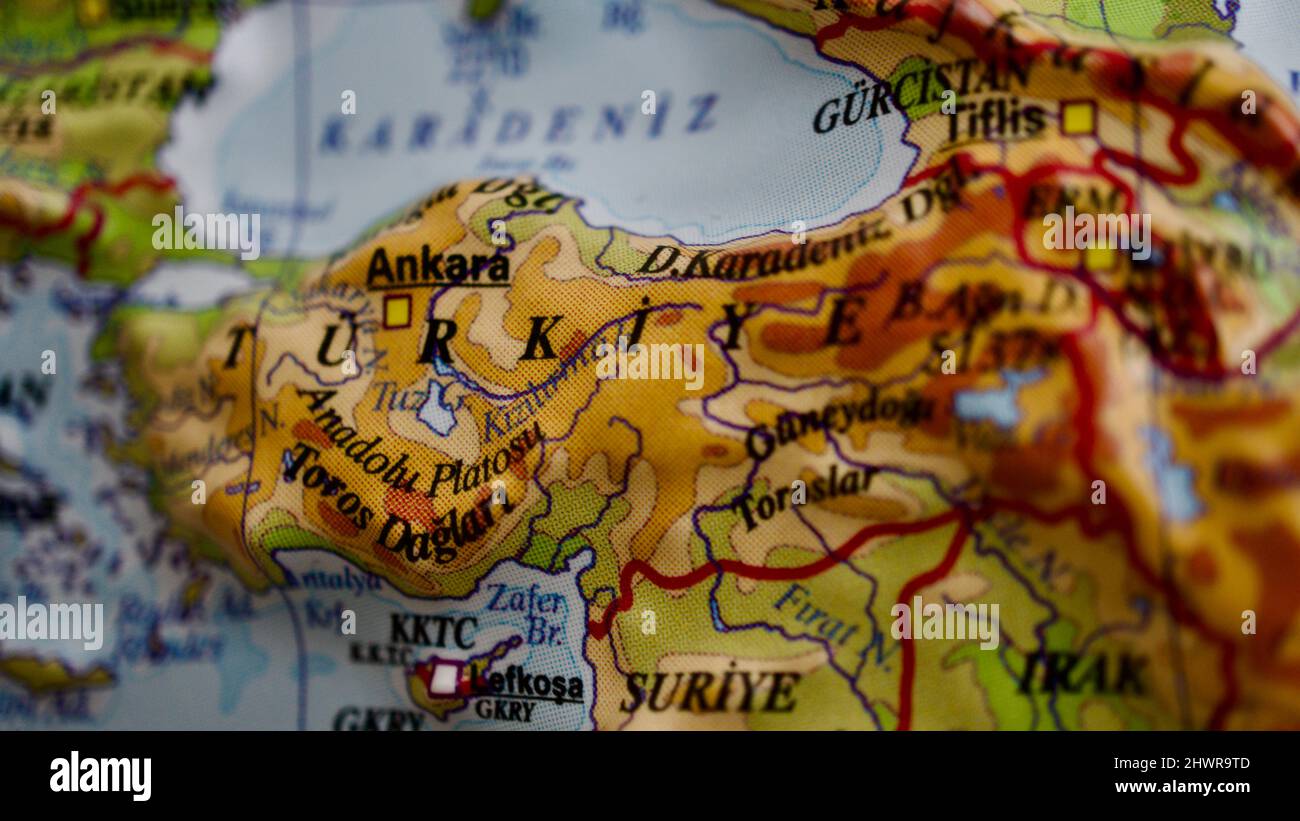 Türkei Land auf geprägter Karte. Topografische und physische Karte. Nahaufnahme geprägte Landkarte der Türkei. Stockfoto