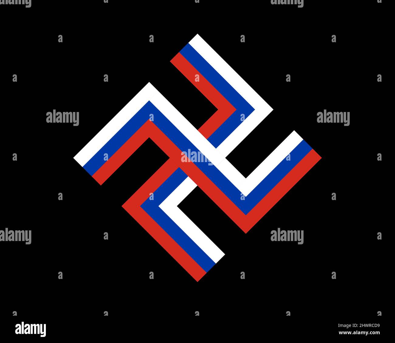 Russischer nazismus und Faschismus - durchgestrichene flagge der russischen Föderation in Form von Hakenkreuz. Kreuzzeichen - Trikolor Russlands, das das Land des Occus symbolisiert Stock Vektor