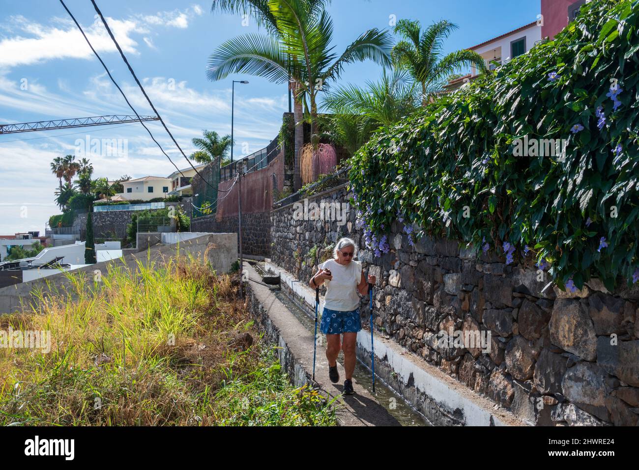 Ältere Frauen in kurzen Hosen wandern auf Levada mit Wanderstöcken, Bild  aus Funchal Madeira Portugal Stockfotografie - Alamy