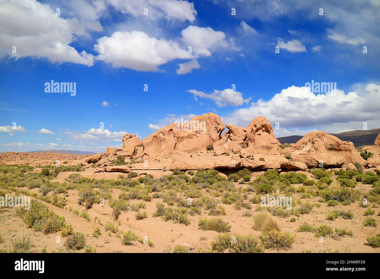 Erstaunliche Felsformationen entlang der Straße in der Siloli-Wüste, bolivianisches Altiplano, Abteilung Potosi, Bolivien Stockfoto