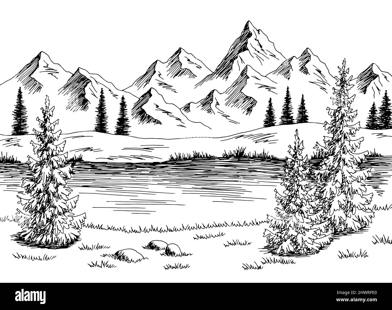 Mountain River Grafik schwarz weiß Landschaft Skizze Illustration Vektor Stock Vektor