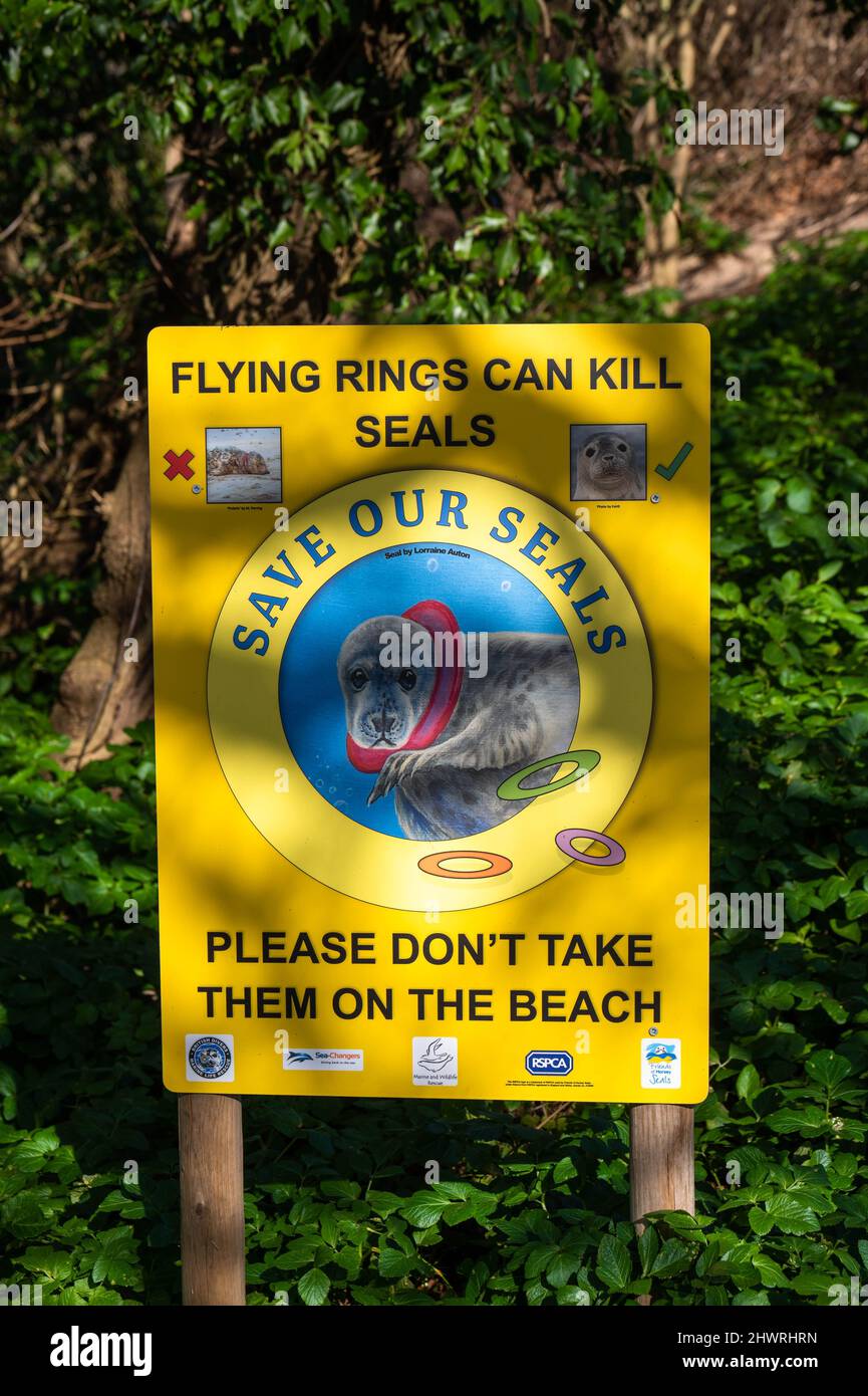 RSPCA-Schild mit der Aufschrift „Keine fliegenden Ringe an den Strand bringen, da sie Robben töten können“ an einem Strand von North Norfolk Stockfoto