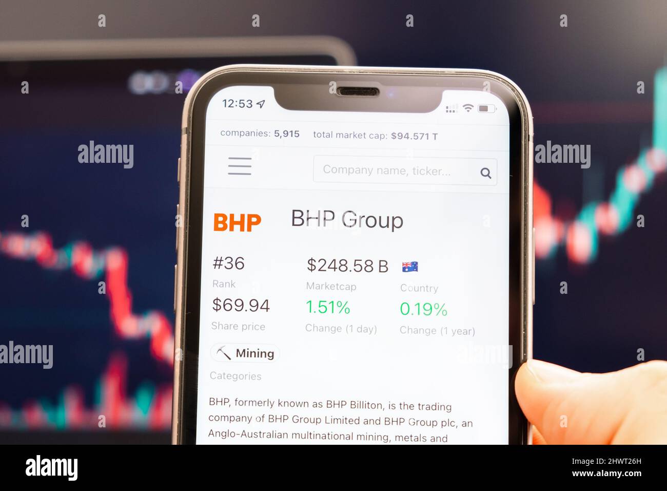 DER AKTIENKURS DER BHP Group auf dem Bildschirm des Mobiltelefons in mans Hand mit wechselnden Börsengraphen im Hintergrund, Februar 2022, San Francisco, USA. Stockfoto