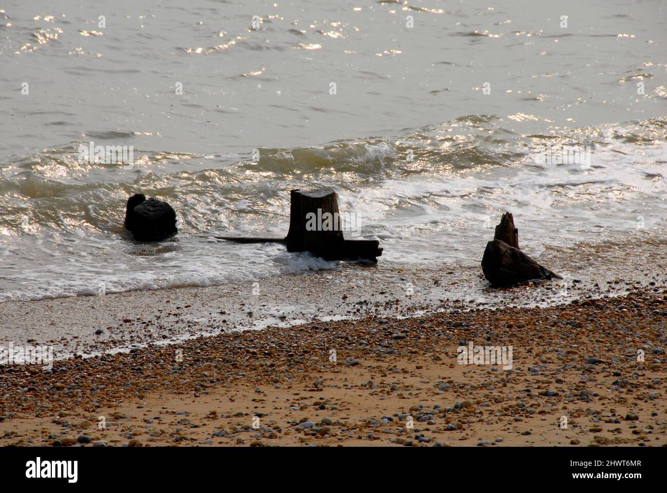 Überreste eines Wellenbrecher an der Küste in East Sussex, England Stockfoto