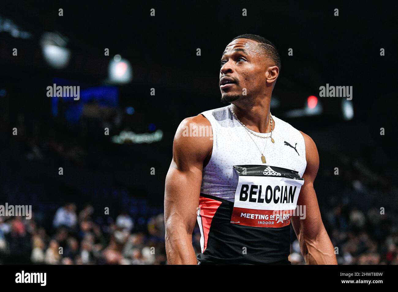 Wilhem Belocian (60m Hürden der Männer) aus Frankreich tritt bei der World Athletics Indoor Tour, Meeting de Paris 2022 am 6. März 2022 in der Accor Arena in Paris, Frankreich, an. Stockfoto