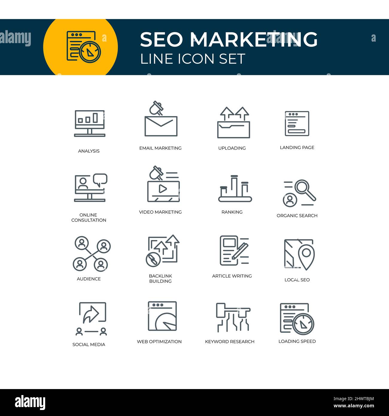 Outline Web Icons Set - Icon Set für Suchmaschinenoptimierung. Einfache Vektordarstellung, umreißt SEO-Symbolsatz. Kontakt, Ziel, Website. Vektor Stock Vektor